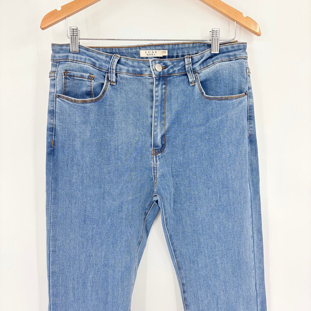 Luxe Moda Y2K Festival Flare Womens Jeans Sz 10/12 Ruffle Hem Bell Bottom Disco - Picture 4 of 11